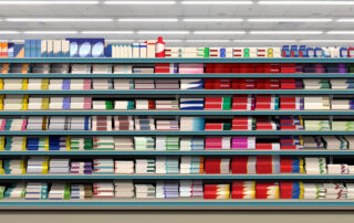 Rows of brightly colored products lining supermarket shelves