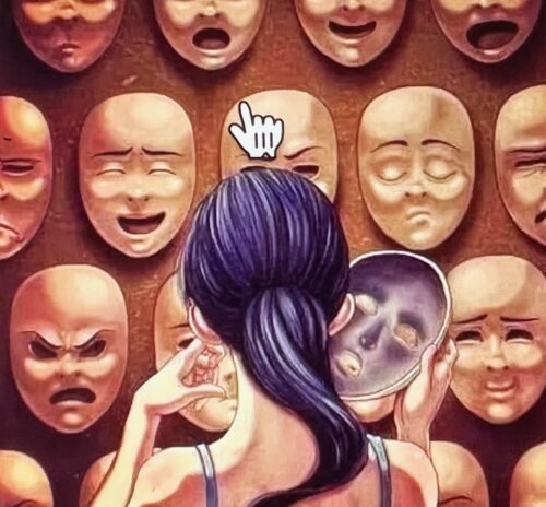 Illustration of a person holding a mirror before a wall of many masks with different expressions, evoking Internal Family Systems and the many parts of self