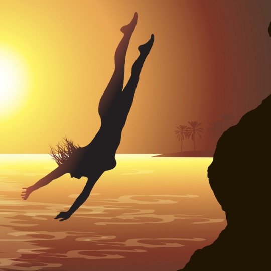 Illustration of a silhouetted figure diving toward glowing water at sunset, evoking a deep dive inward