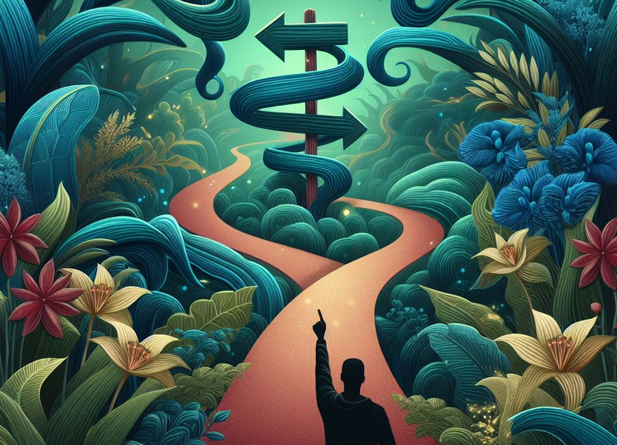 Choosing a path in a magical forest Vibrant illustration of a small figure at a forked path winding through a lush magical jungle, evoking a mythic journey and choice