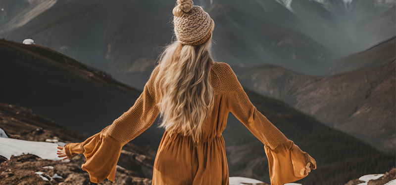 Woman in flowing dress in the mountains A woman in a flowing rust-colored dress standing amid mountains with arms open, evoking freedom and majesty