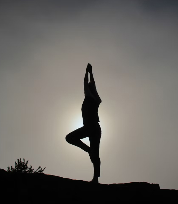 Yoga tree pose at sunset Silhouette of a person holding a yoga tree pose against a glowing sky