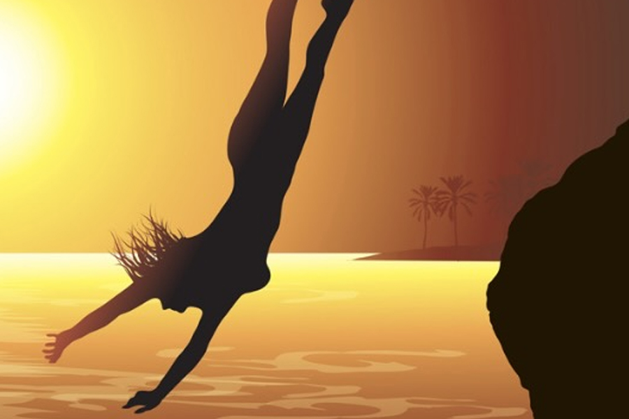 Diving into a golden sunset Illustration of a silhouetted figure diving toward glowing water at sunset, evoking a deep dive inward