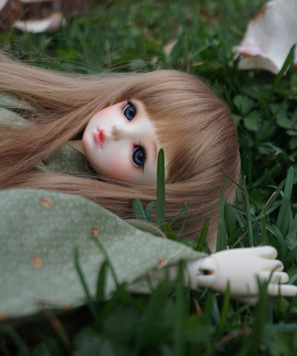 Doll lying in the grass A doll lying in the grass with a sad expression, an evocative image touching on trauma and lost innocence
