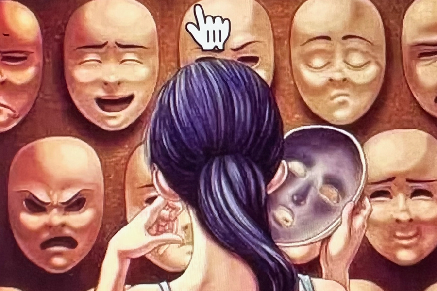 Facing the many masks of self Illustration of a woman holding a mirror before a wall of many masks, evoking Internal Family Systems and the many parts of self