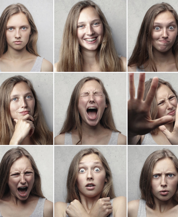 Many faces, many parts A grid of nine faces of the same woman expressing different emotions, evoking the many parts of self in Internal Family Systems