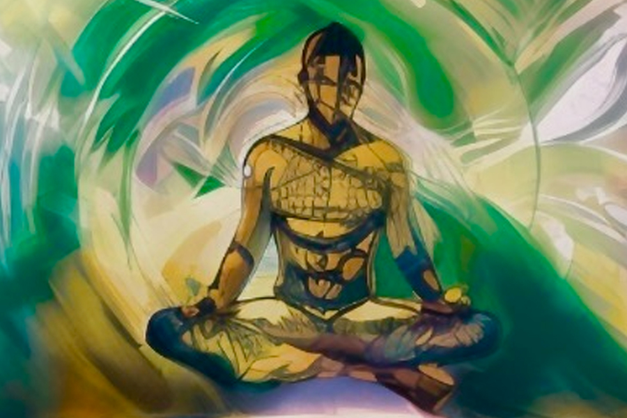 Meditating in radiant energy An abstract painting of a figure meditating within swirling golden and green energy, evoking inner light and transformation