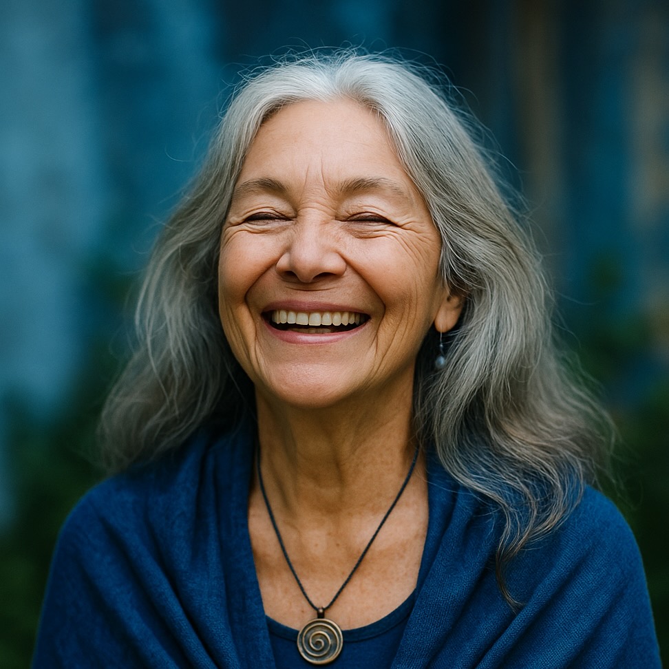 An elder woman with gray hair smiling joyfully, wearing a fibonacci spiral necklace, evoking vitality and wisdom