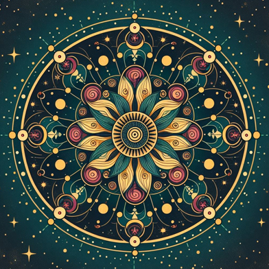 celestial mandala logo 1 An intricate golden celestial mandala with a floral center and orbiting stars, evoking sacred geometry and cosmology