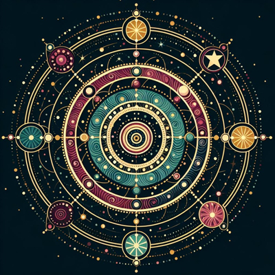 Celestial mandala logo 2 An intricate celestial mandala with orbiting circles and stars, evoking sacred geometry and cosmology