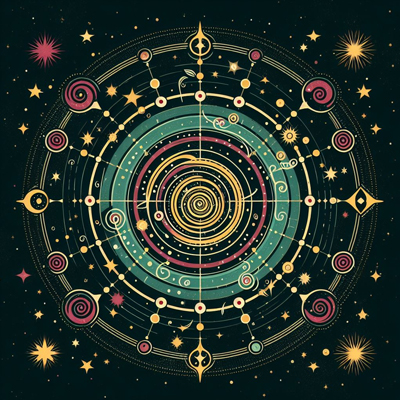 celestial mandala logo 3 An intricate celestial mandala with a spiral center, stars, and orbits, evoking sacred geometry and cosmology