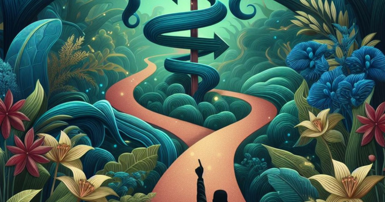 A sunlit path forking through a green forest, one way lit and the other in shadow.