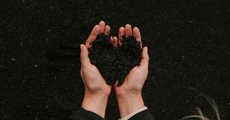 Two cupped hands holding dark soil shaped into a heart, seen from above.