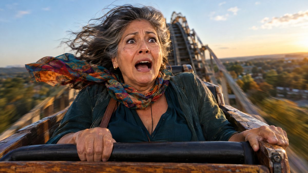An older Latina woman with windblown silver hair grips the lap bar of a wooden roller coaster, her face wide with fear.