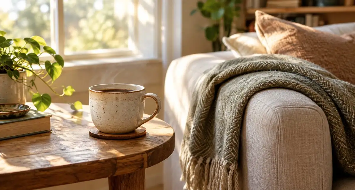 A steaming ceramic mug of coffee on a wooden side table beside a couch with a green throw, in warm morning light.