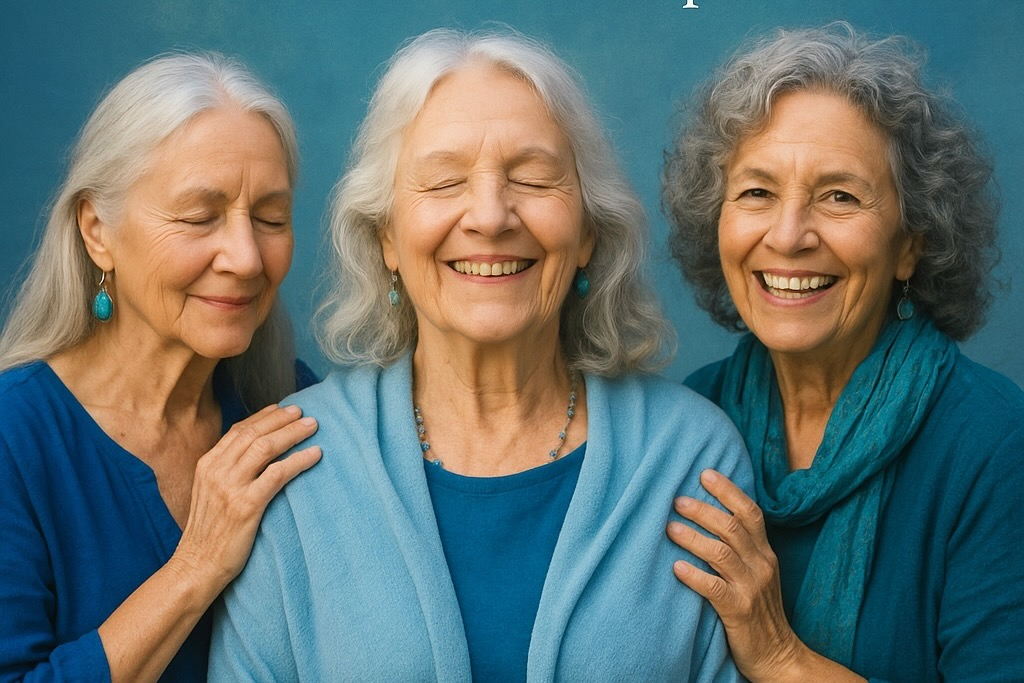 Three smiling elder women with silver hair, arms around one another