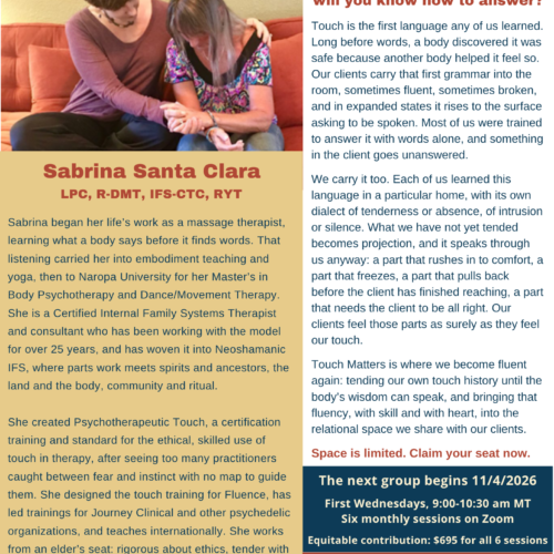 Touch Matters flyer Touch Matters Consultation Group flyer: dates, times, investment and early bird code kindness