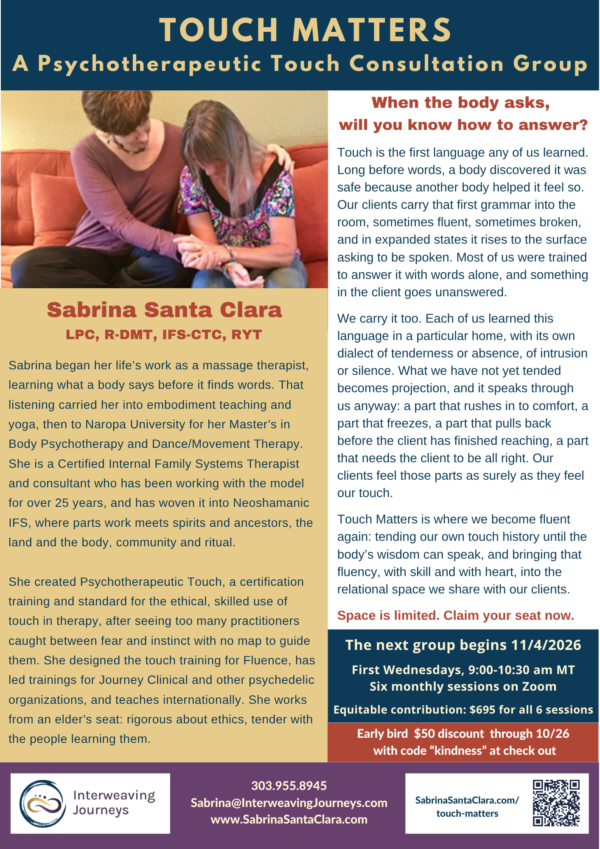 Touch Matters Consultation Group flyer: dates, times, investment and early bird code kindness