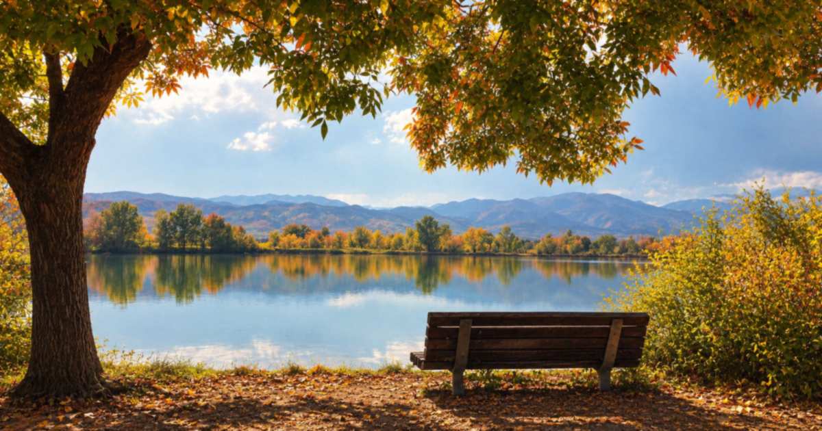 Bench beneath an autumn tree at the edge of Coot Lake, mountains beyond