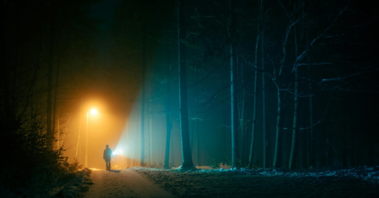 A lone figure stands in a pool of light in the middle of a dark forest.