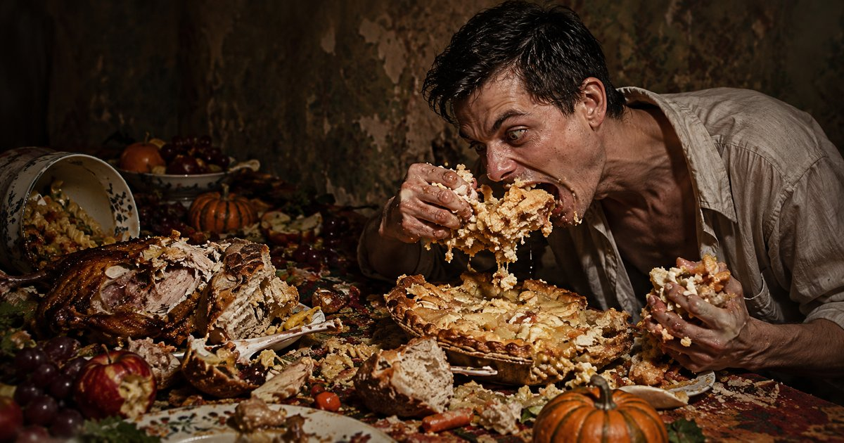 A gaunt man hunched over a wrecked harvest table tears into a pie with both hands, eyes wide with ravenous hunger.