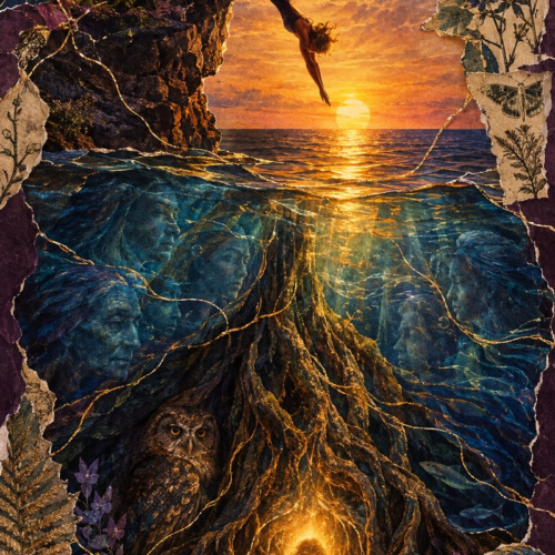 Collage card: a woman dives from a cliff into golden water, where tree roots, ancestor faces, an owl and a glowing child wait beneath the surface