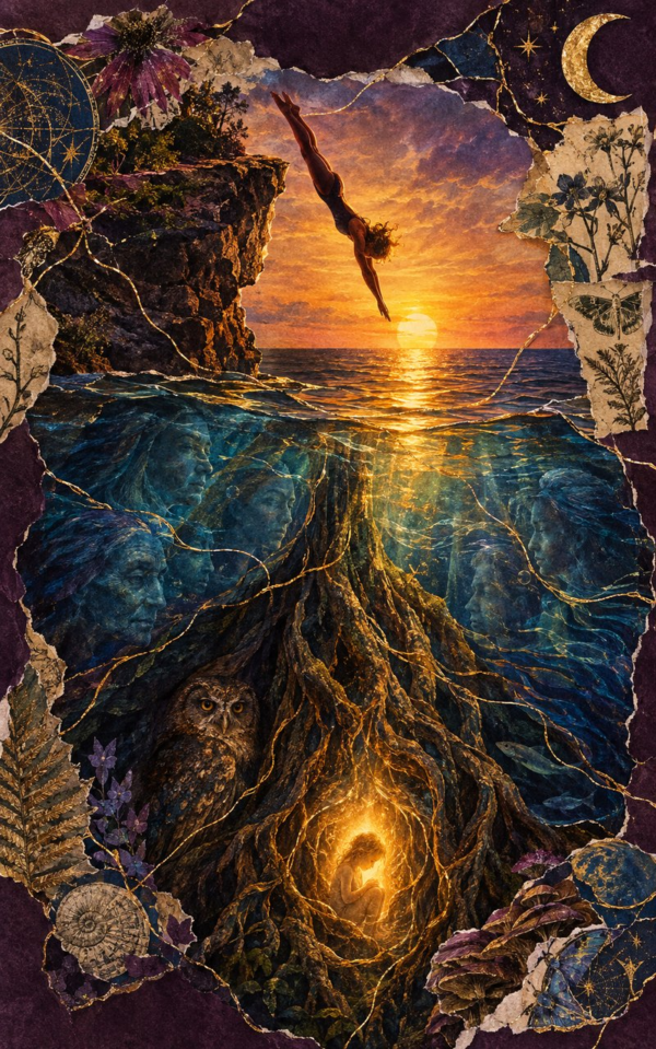 wisdom-weaving-collage-card Collage card: a woman dives from a cliff into golden water, where tree roots, ancestor faces, an owl and a glowing child wait beneath the surface