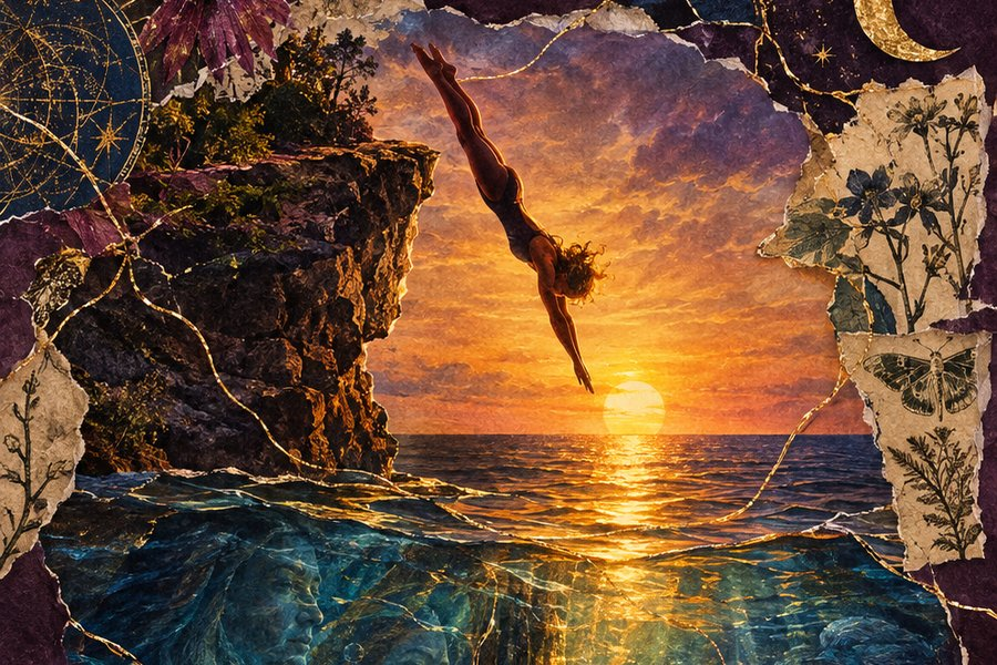 Collage card: a woman dives from a cliff into golden water, where tree roots, ancestor faces, an owl and a glowing child wait beneath the surface