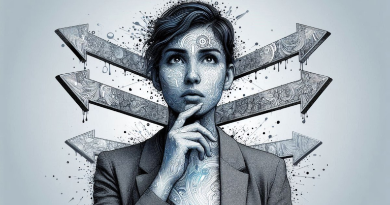 Grayscale woman standing amid arrows pointing in every direction, uncertain which way her path leads.